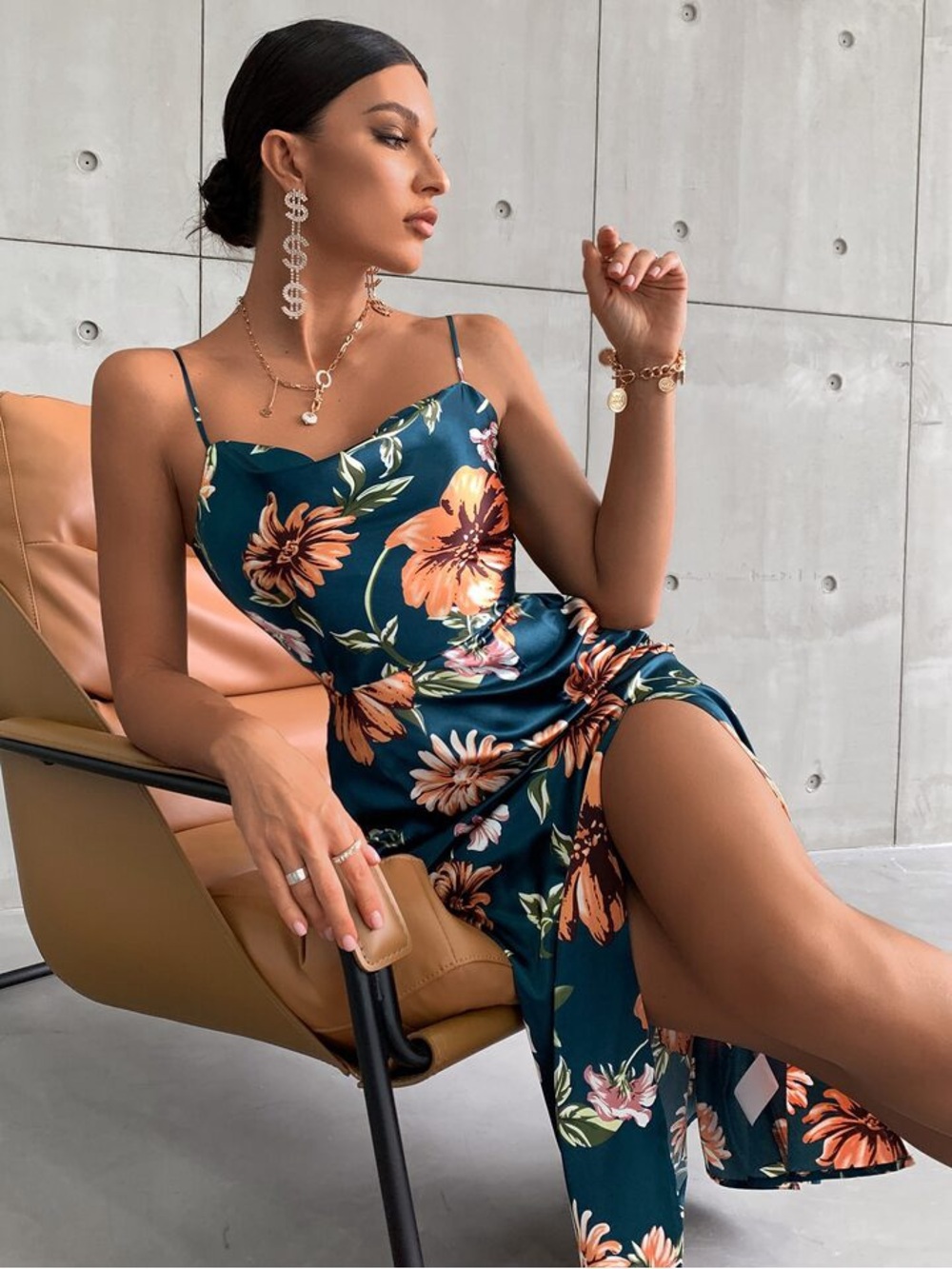 Floral Slip Midi Dress in Teal with Orange Bloom
